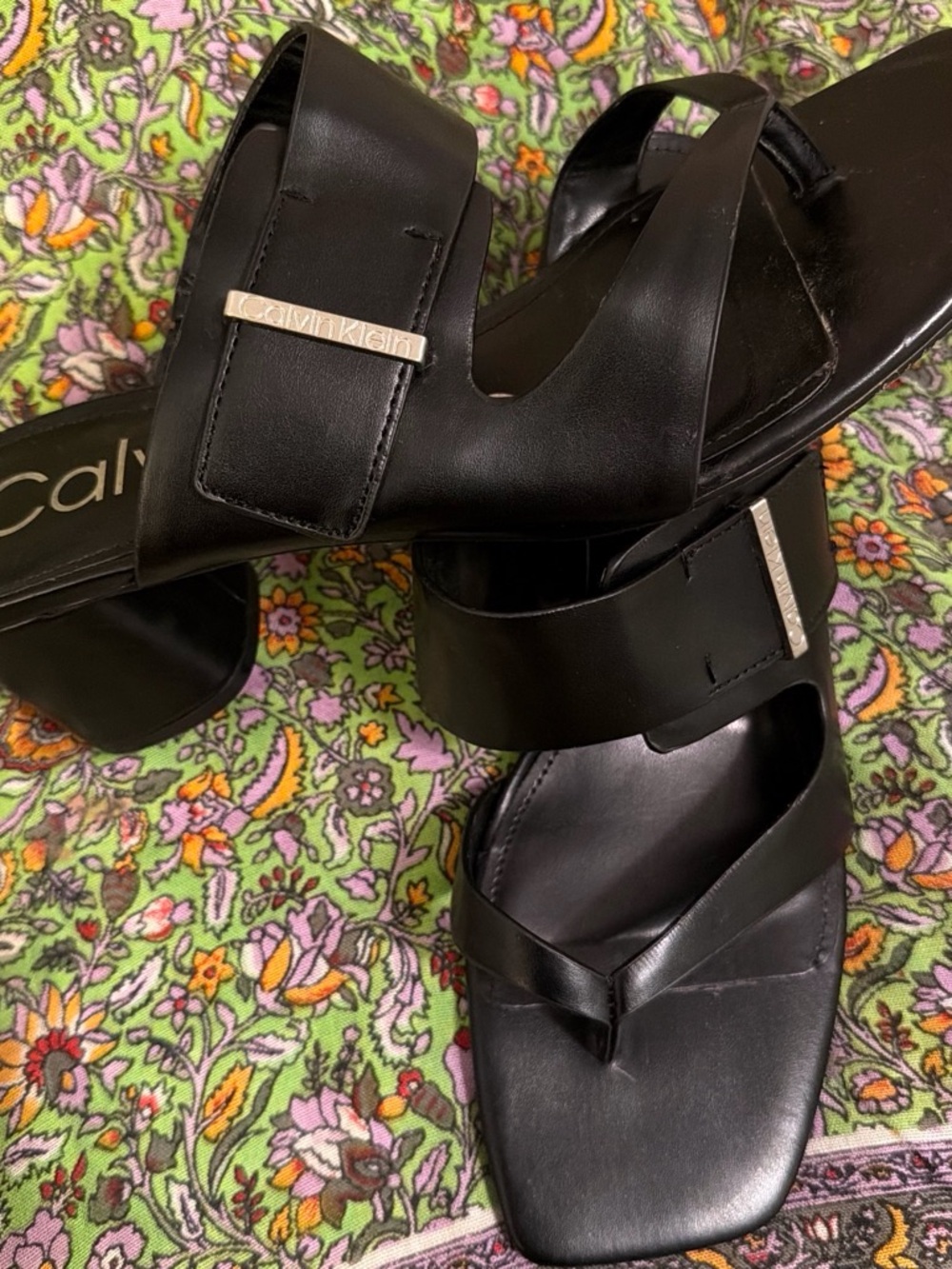 Calvin Klein Black Leather Block Heel Slide Sandals